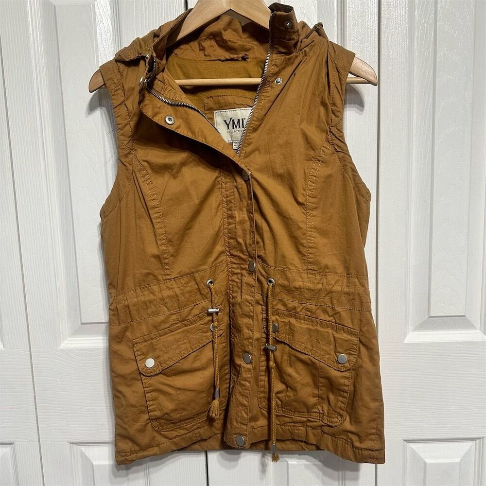 YMI Women's Sleeveless Utility Vest with Hood Brown Size S Casual